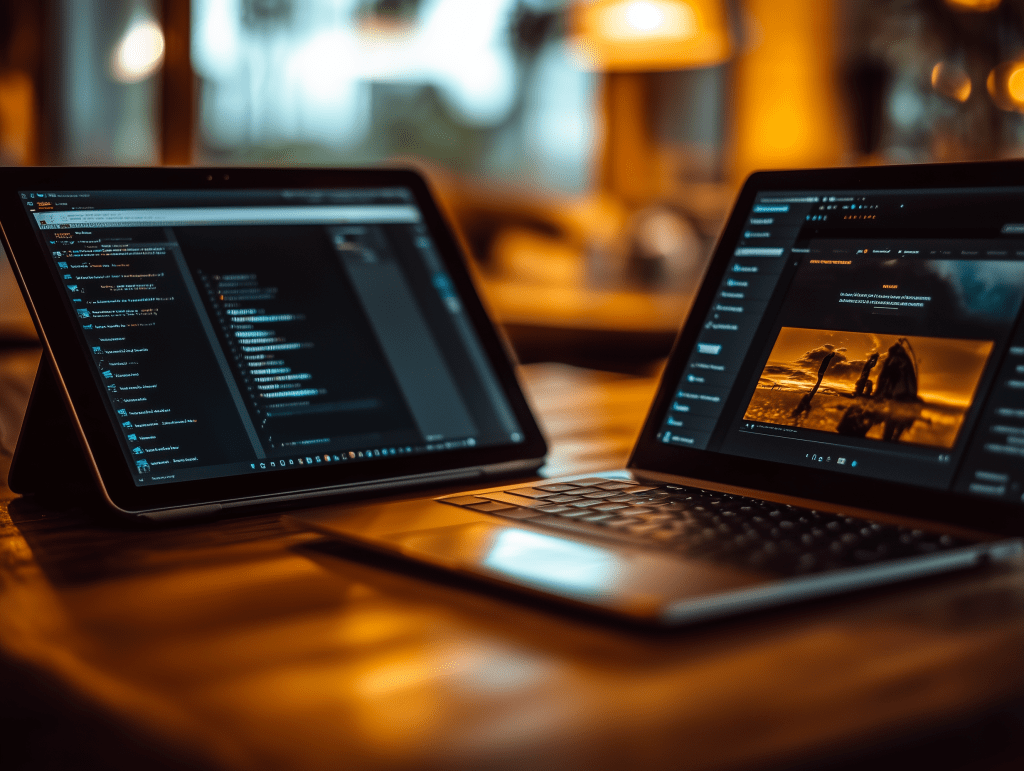 Modern laptop and a tablet on a table.