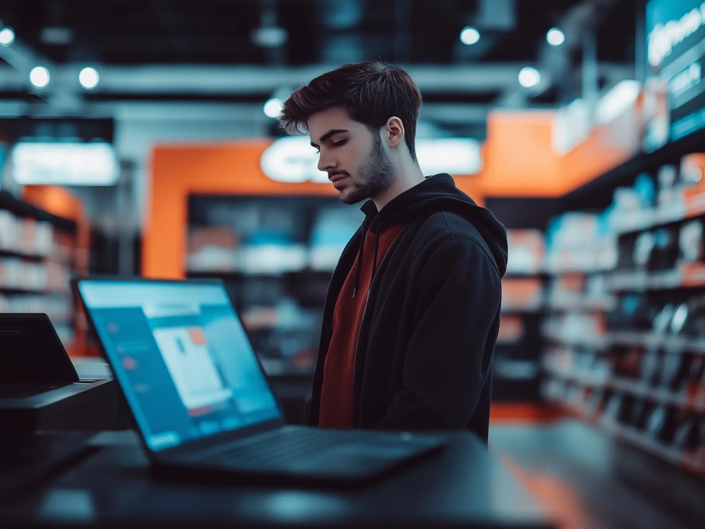 Young man in a laptop store.
