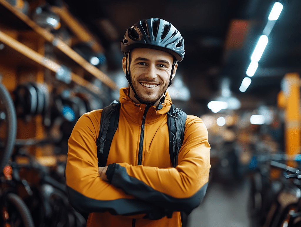 Man smiling and wearing a black helmet. His arms are crossed and he stands in the middle of a bike store.