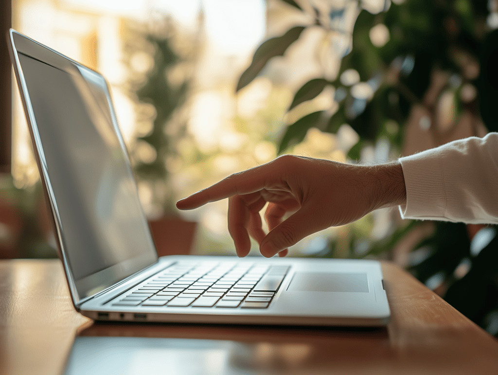 Finger pointing at a laptop screen.